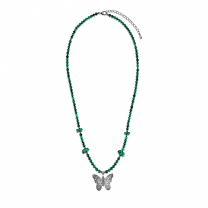 Malachite Gemstone Necklace with Real Leaf Butterfly Pendant
