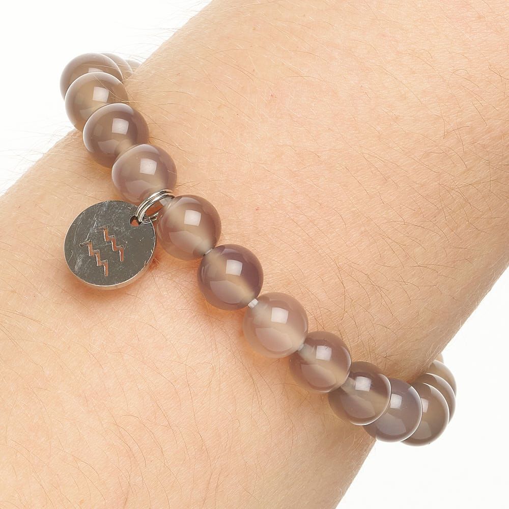 Aquarius Agate Birthstone Bead Bracelet with Zodiac Charm - Crystal Nest