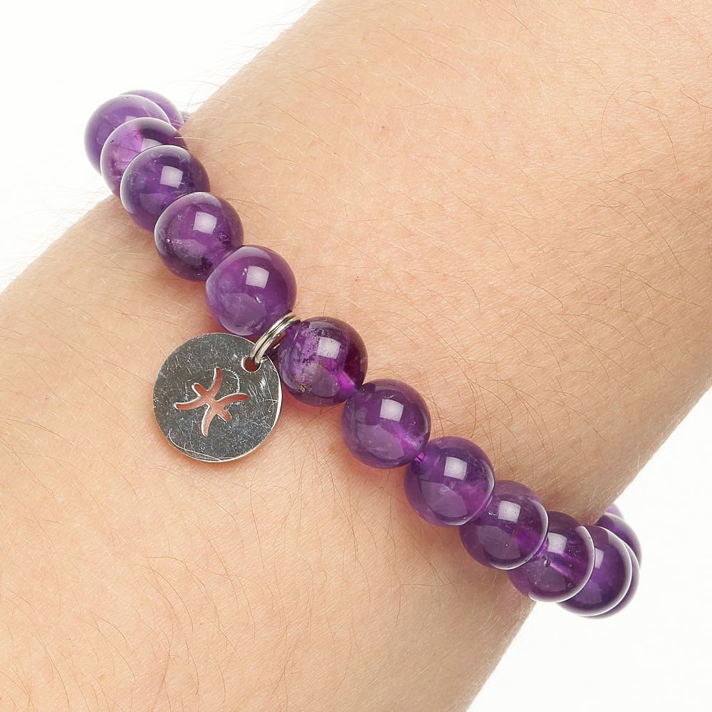 Pisces Amethyst Birthstone Bead Bracelet with Zodiac Charm - Crystal Nest