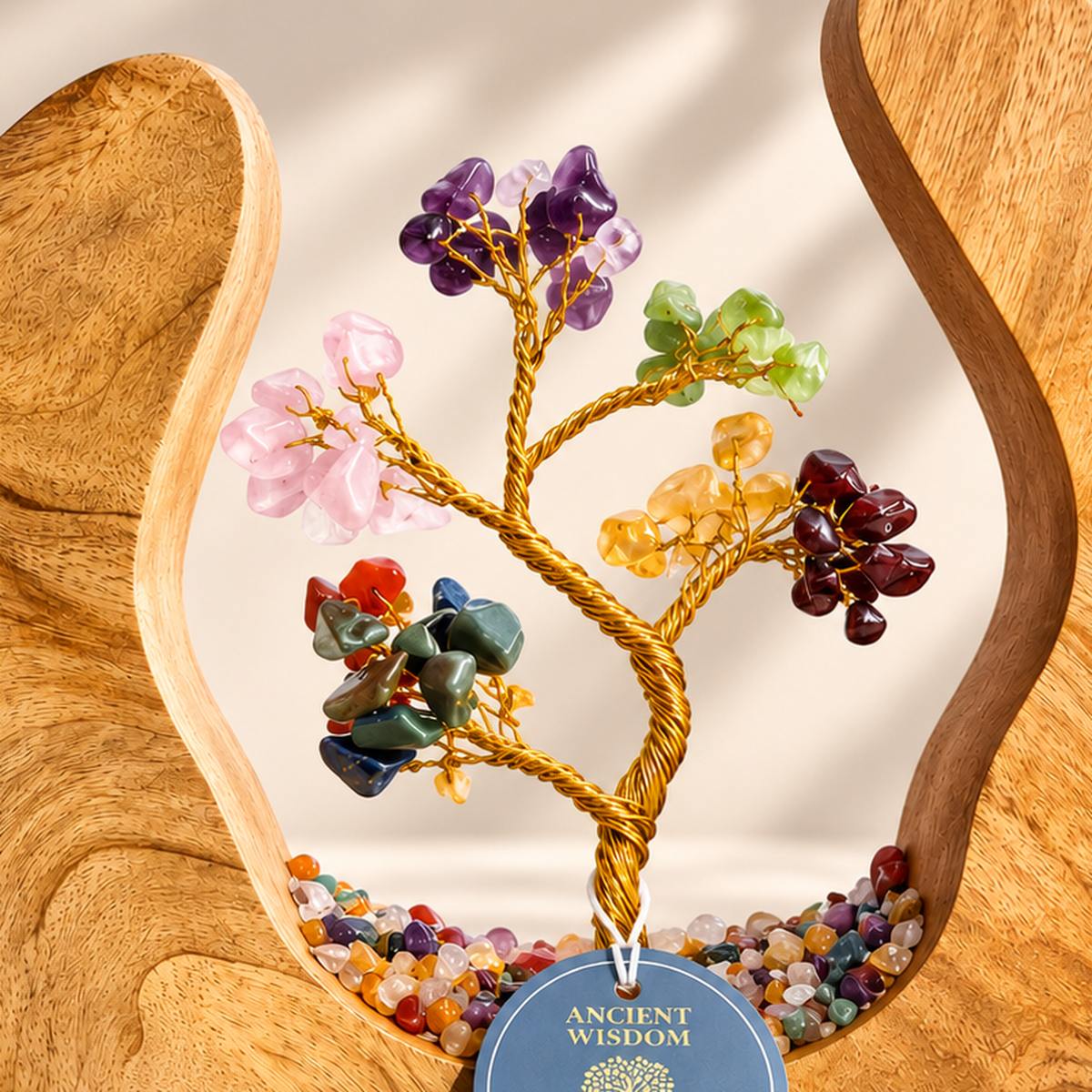 Seven Chakra Wishing Tree in Open Mango Wood | Gemstone Tree Garden - Crystal Nest