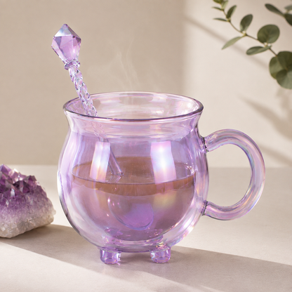 Purple Iridescent Double Walled Glass Cauldron Mug & Spoon