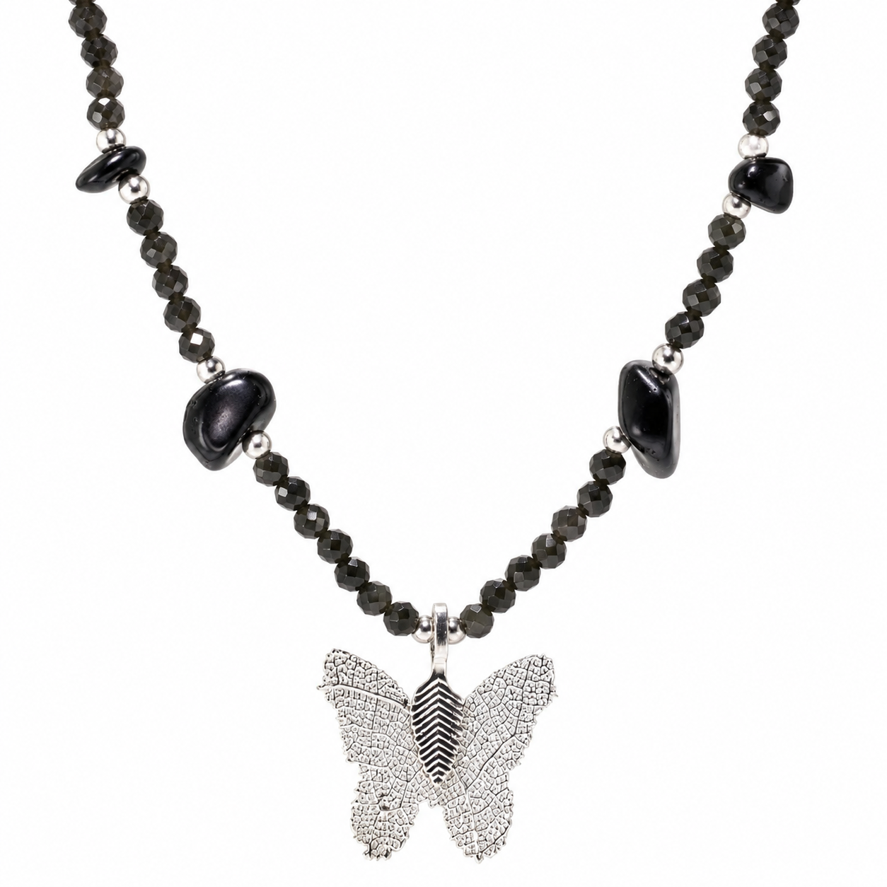 Black Obsidian Gemstone Necklace with Real Leaf Butterfly Pendant