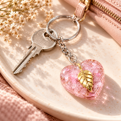 Rose Quartz Golden Leaf Orgonite Heart Keyring