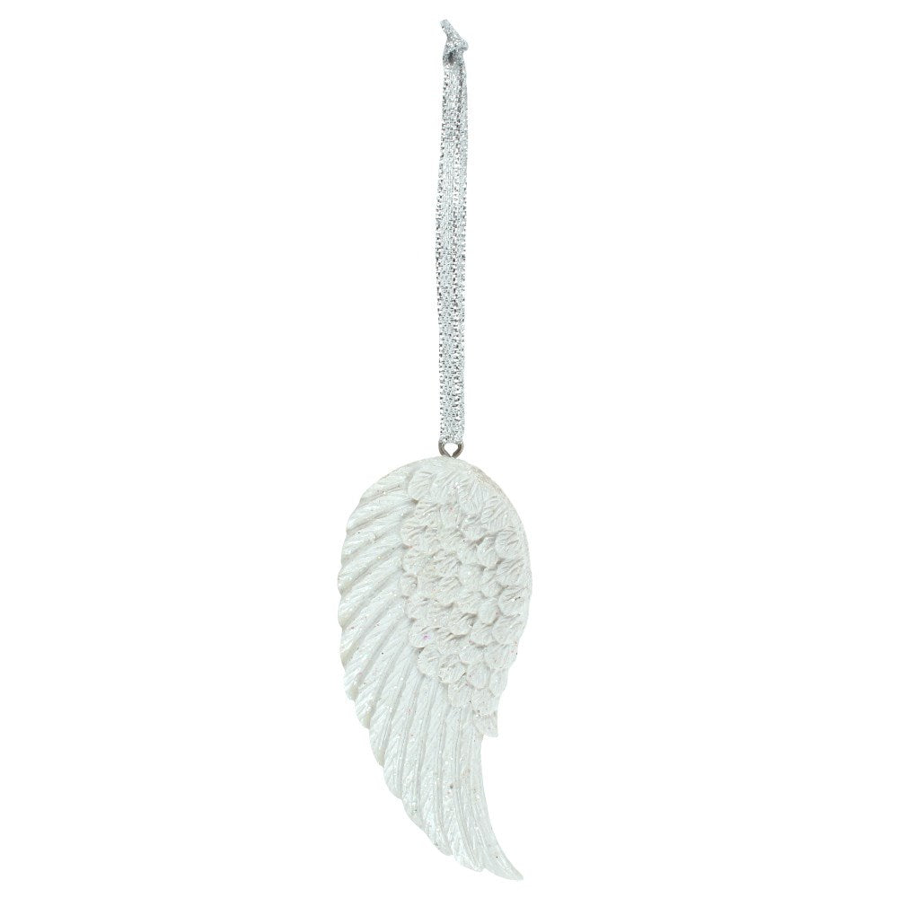 White Glitter Single Angel Wing Hanging Decoration | Christmas Ornament - Crystal Nest
