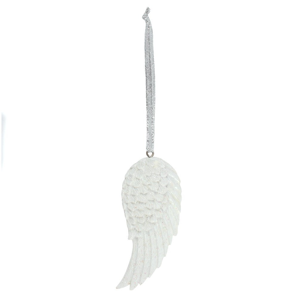 White Glitter Single Angel Wing Hanging Decoration | Christmas Ornament - Crystal Nest