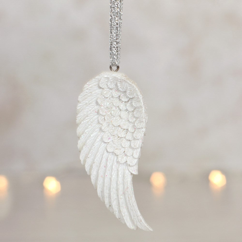 White Glitter Single Angel Wing Hanging Decoration | Christmas Ornament - Crystal Nest