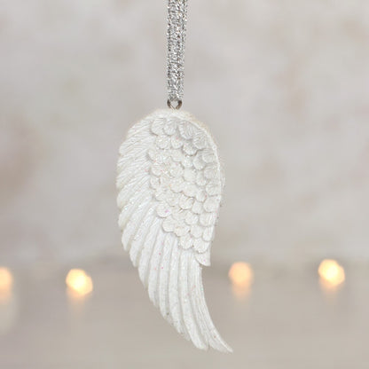 White Glitter Single Angel Wing Hanging Decoration | Christmas Ornament - Crystal Nest