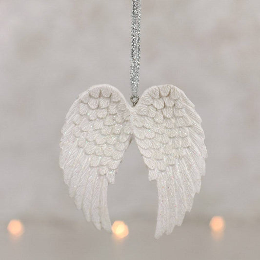 White Glitter Double Angel Wing Hanging Decoration - Crystal Nest