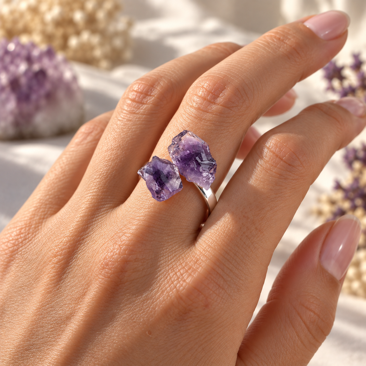 Raw Amethyst Crystal Adjustable Ring