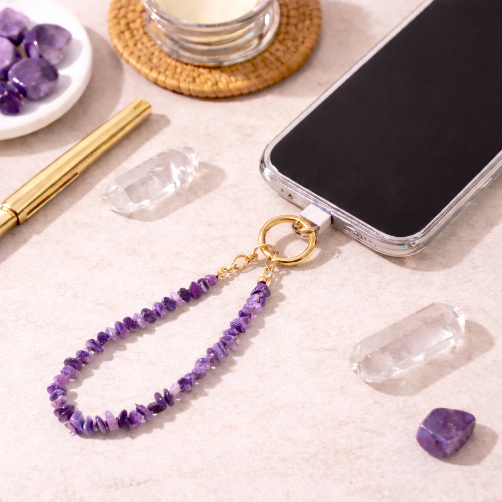 Amethyst Crystal Phone & Wrist Charm | Calming Energy Strap - Crystal Nest