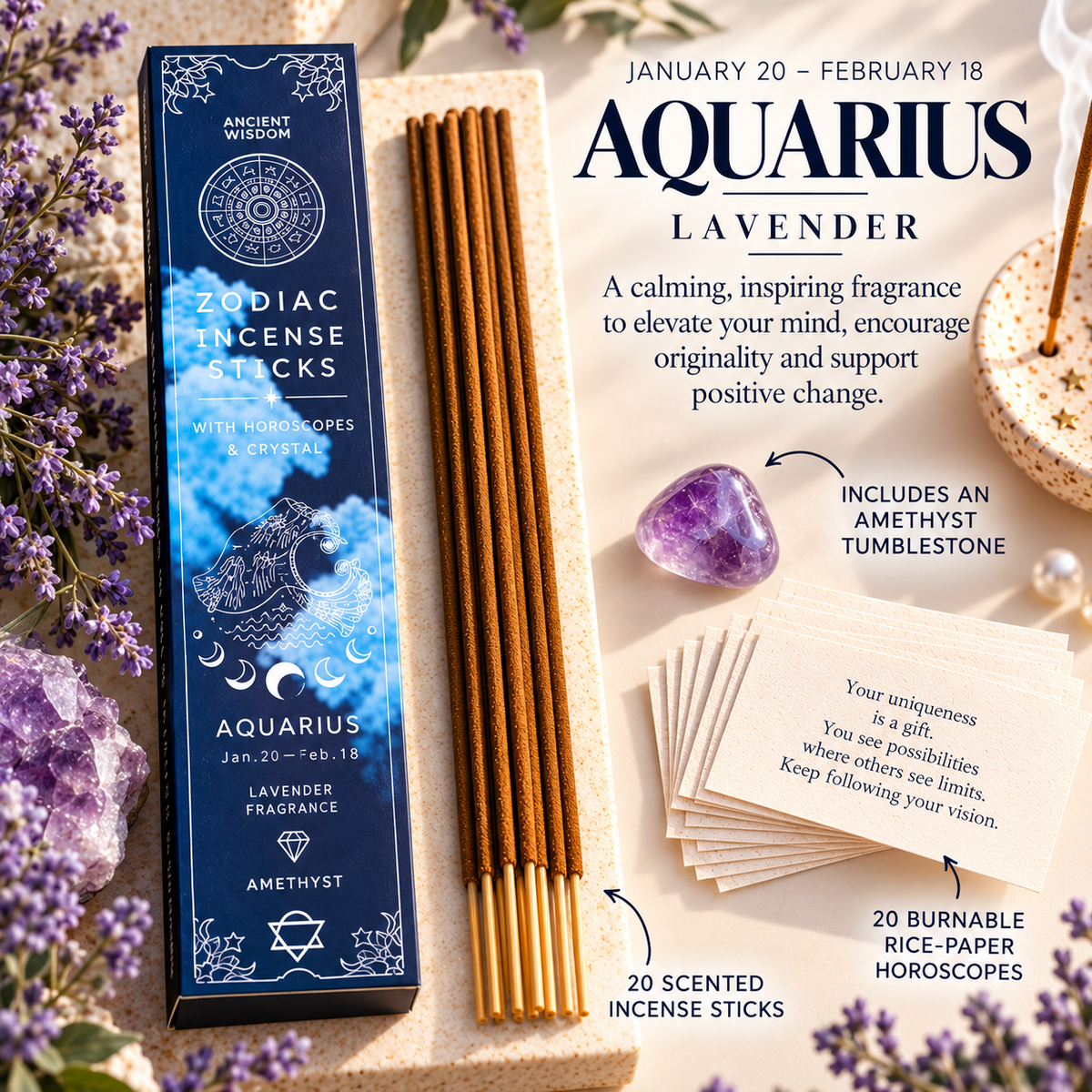 Zodiac Incense Sticks, Crystal & Horoscope Set