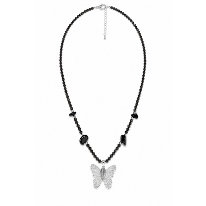 Black Obsidian Gemstone Necklace with Real Leaf Butterfly Pendant