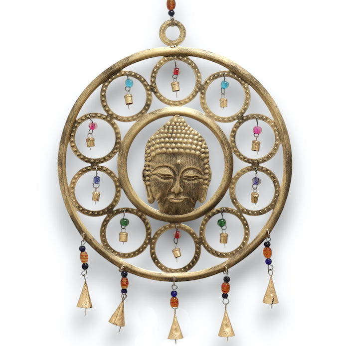 Large Brass 15 Bell Buddha Face Wind Chime | 36cm - Crystal Nest