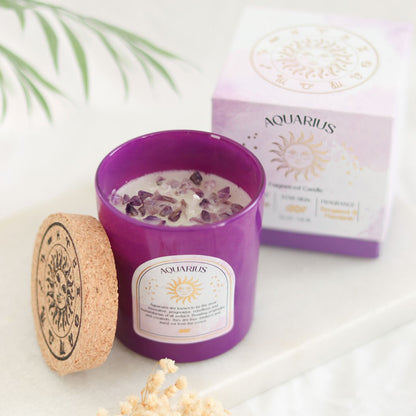 Aquarius Zodiac Amethyst Crystal Candle - January 20th to February 18th - Crystal Nest
