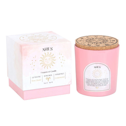 Aries Zodiac Rose Quartz Crystal Candle - March 21 to April 19 - Crystal Nest