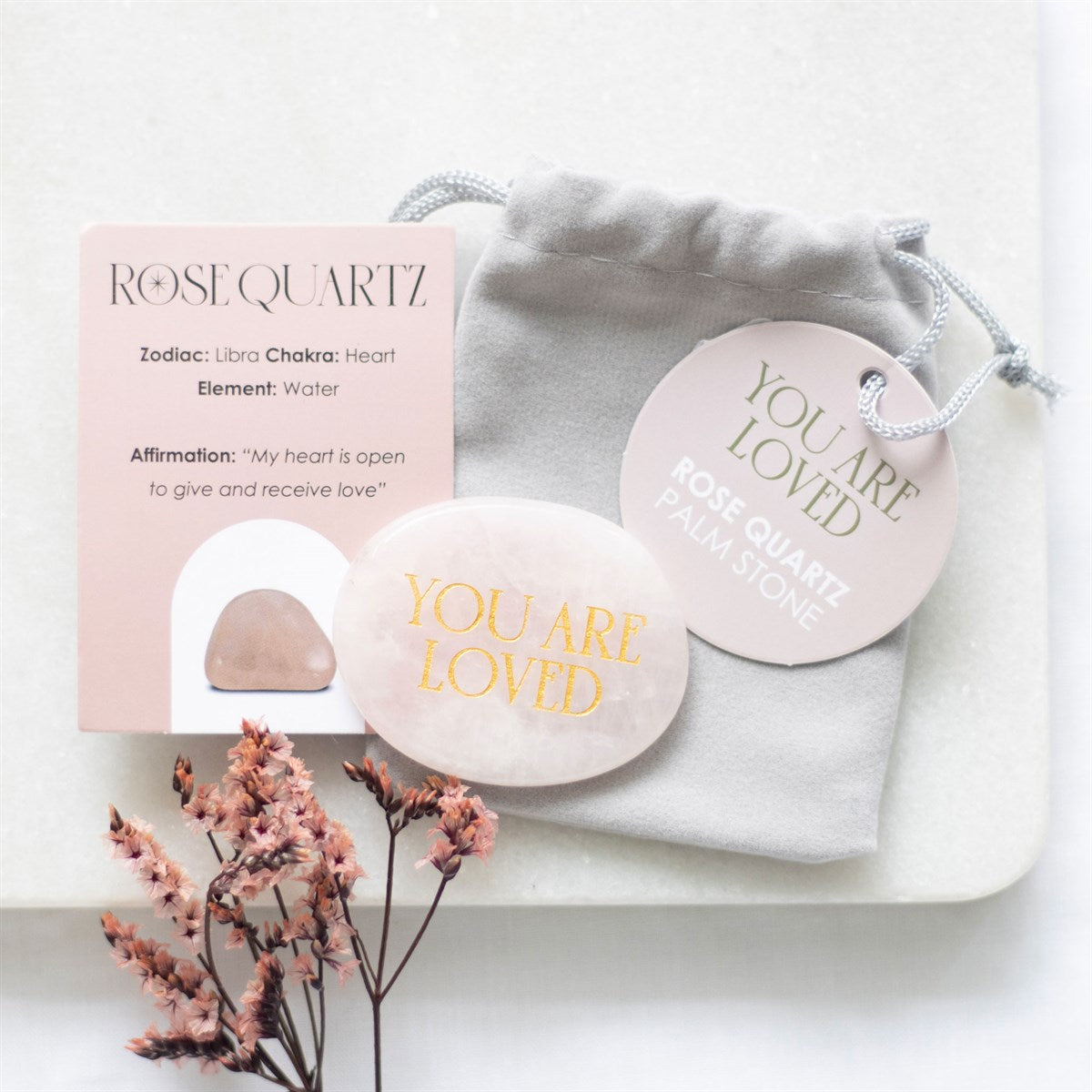 You Are Loved Rose Quartz Palm Stone | Healing Crystal Worry Stone