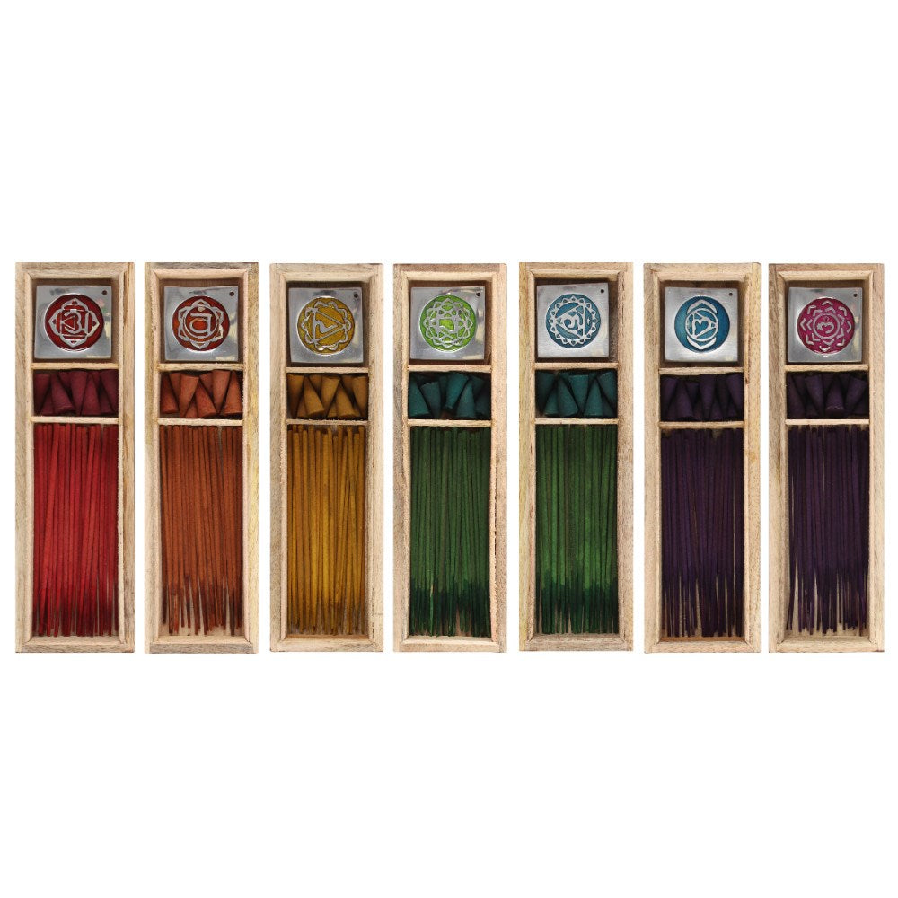 7 Chakra Wooden Incense Gift Set | Sticks, Cones & Burner Plate - Crystal Nest