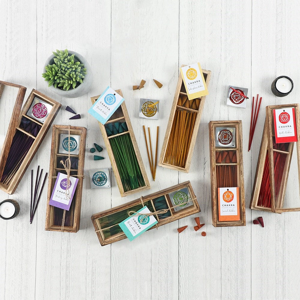 7 Chakra Wooden Incense Gift Set | Sticks, Cones & Burner Plate - Crystal Nest