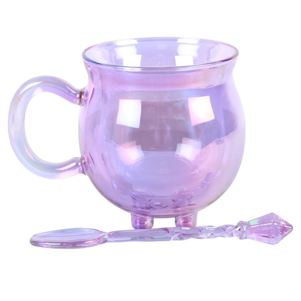 Purple Iridescent Double Walled Glass Cauldron Mug & Spoon