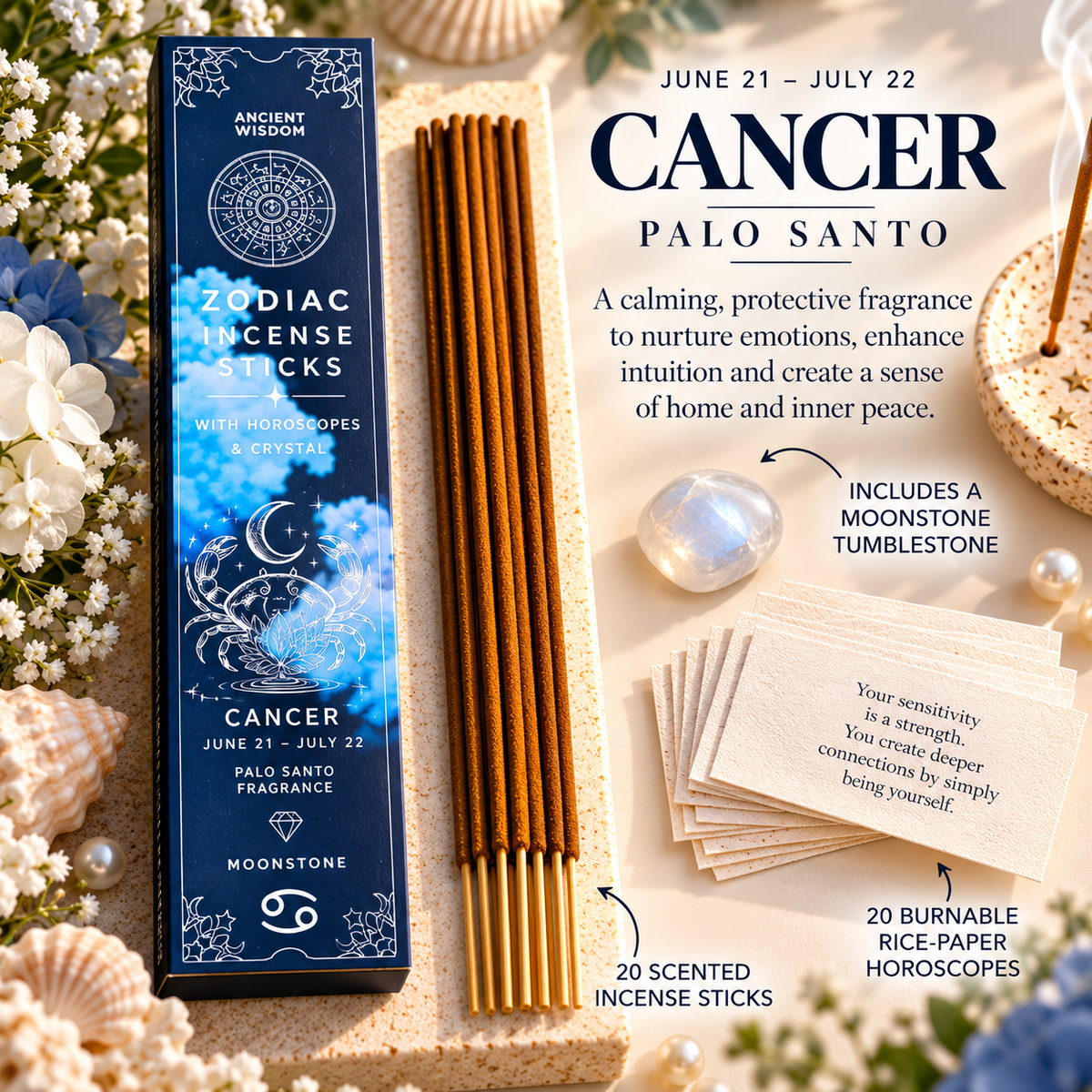 Zodiac Incense Sticks, Crystal & Horoscope Set