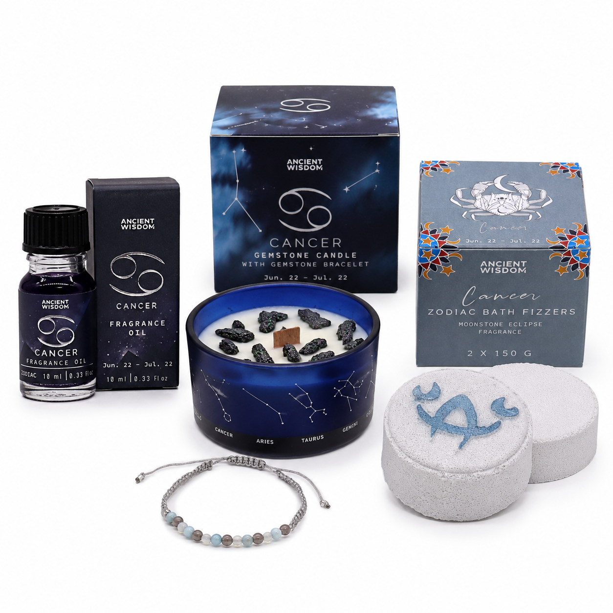 Cancer Zodiac Gift Set | Candle, Bath Fizzers, Fragrance Oil & Bracelet