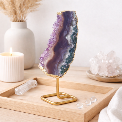 Brazilian Amethyst Druzy Slice on Gold Stand | Medium - Crystal Nest