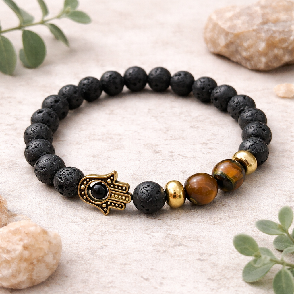 Hamsa Protection Lava Stone Bracelet with Tiger Eye - Crystal Nest