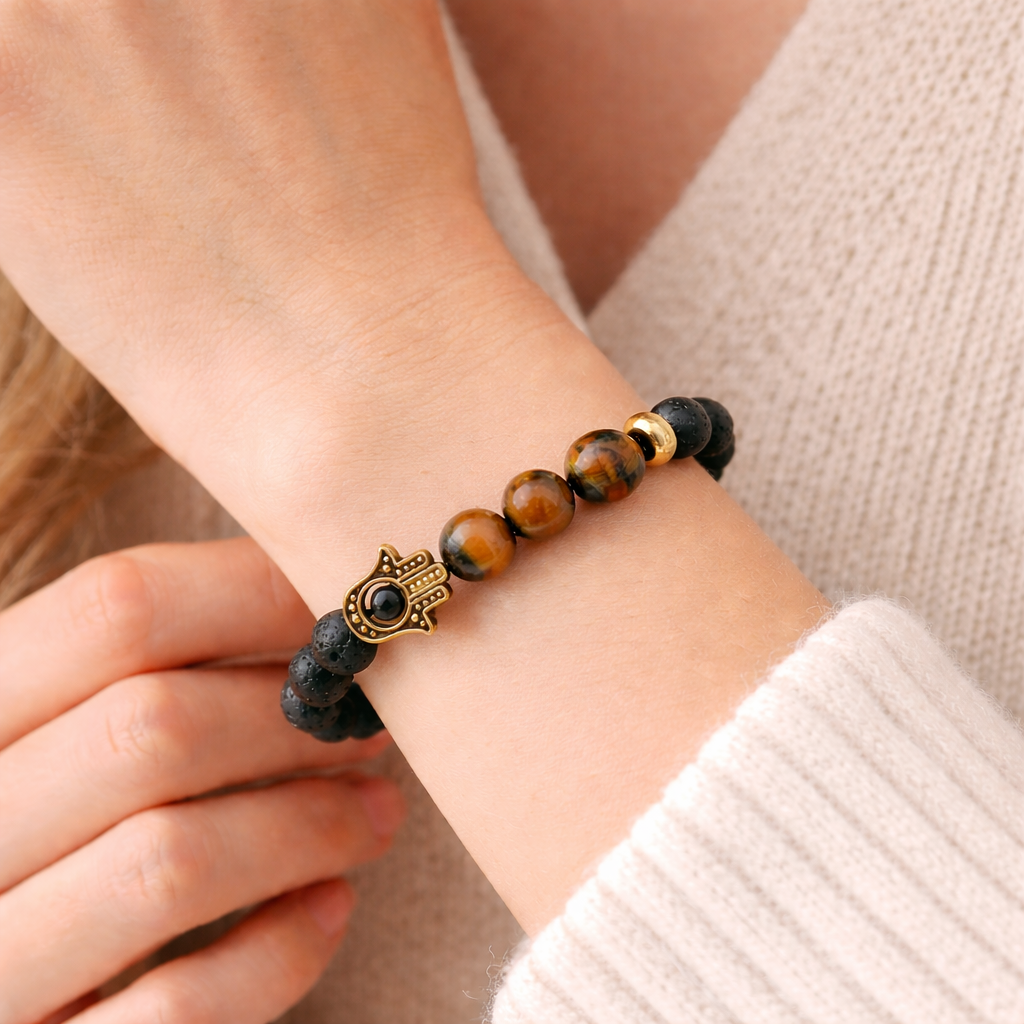 Hamsa Protection Lava Stone Bracelet with Tiger Eye - Crystal Nest