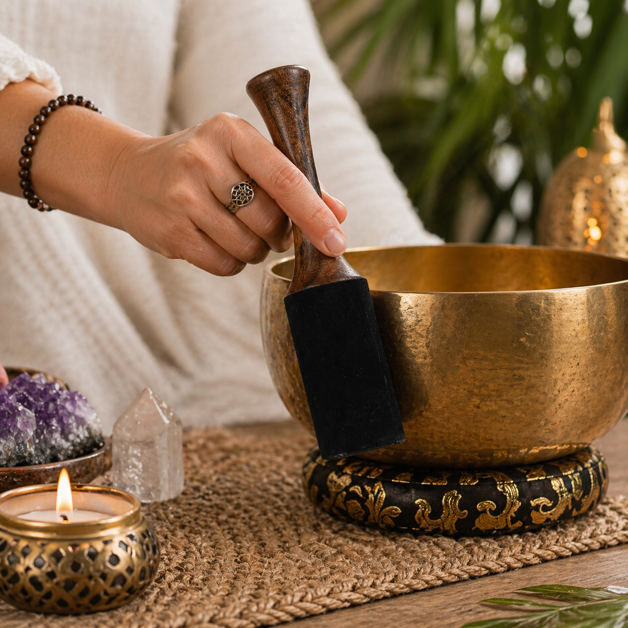 Medium Singing Bowl Striker | Black Suede Wrapped Mallet (17cm) - Crystal Nest
