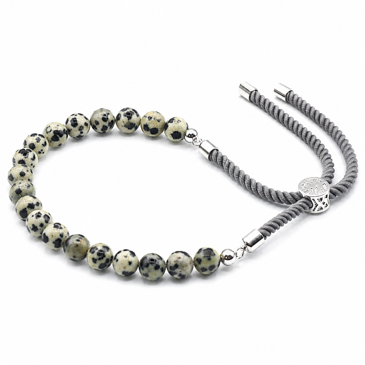 Dalmatian Jasper Gemstone String Bracelet | Charcoal Cord & 925 Silver Plated