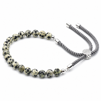 Dalmatian Jasper Gemstone String Bracelet | Charcoal Cord & 925 Silver Plated