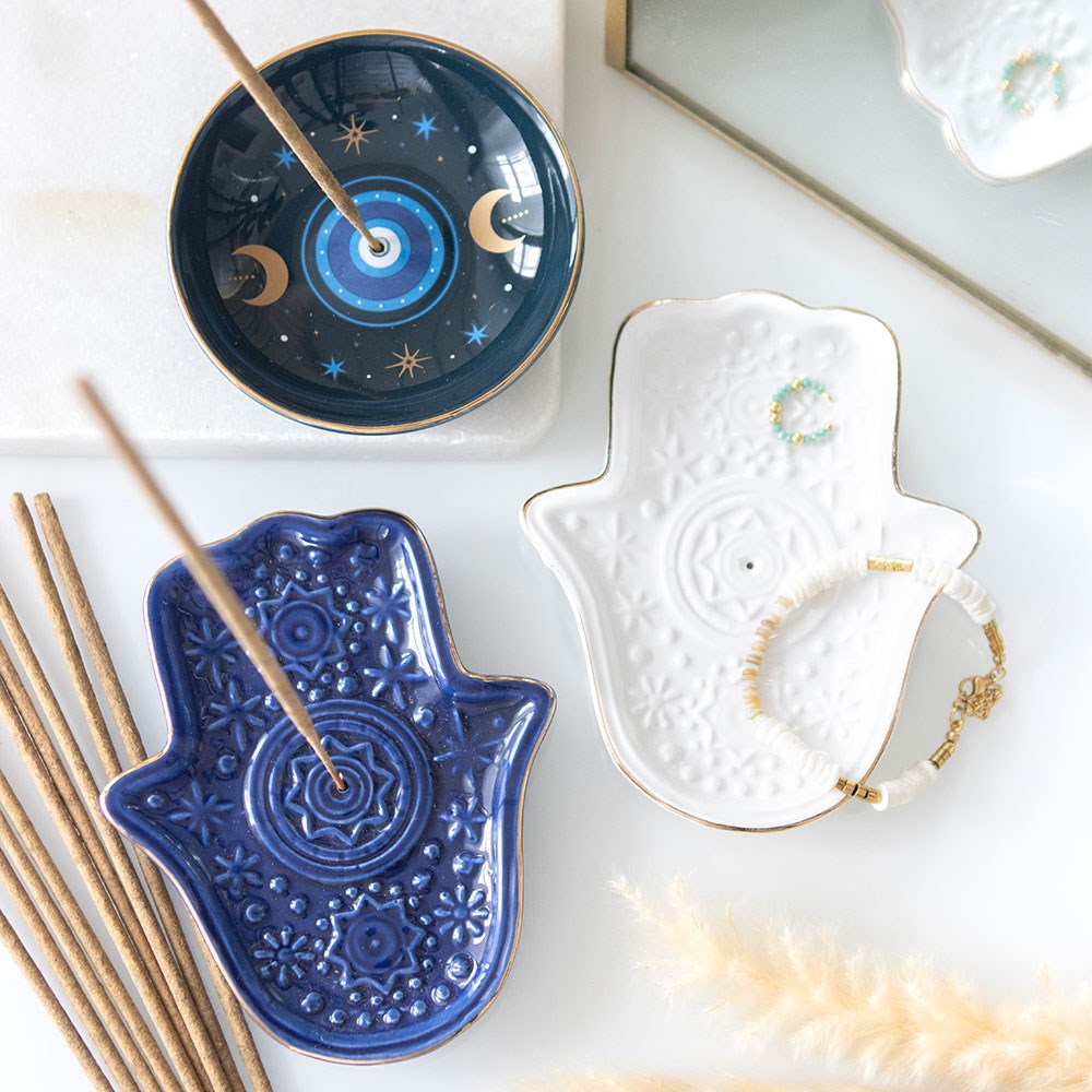 Dark Blue Hand of Hamsa Ceramic Incense Holder & Trinket Dish - Crystal Nest
