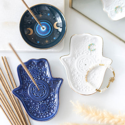 Dark Blue Hand of Hamsa Ceramic Incense Holder & Trinket Dish - Crystal Nest