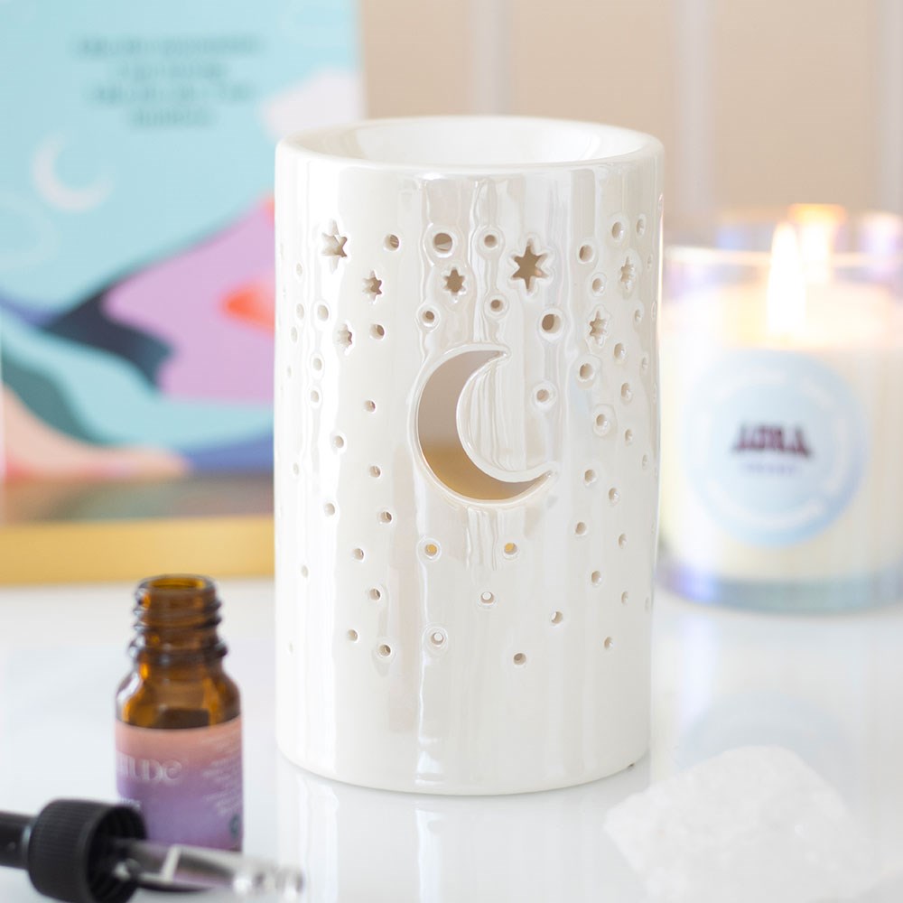 Iridescent White Moon & Stars Oil Burner | Ceramic Wax Melt & Fragrance Warmer - Crystal Nest