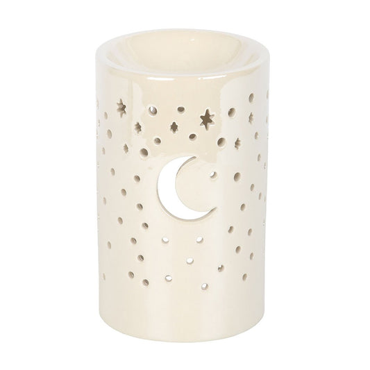 Iridescent White Moon & Stars Oil Burner | Ceramic Wax Melt & Fragrance Warmer - Crystal Nest
