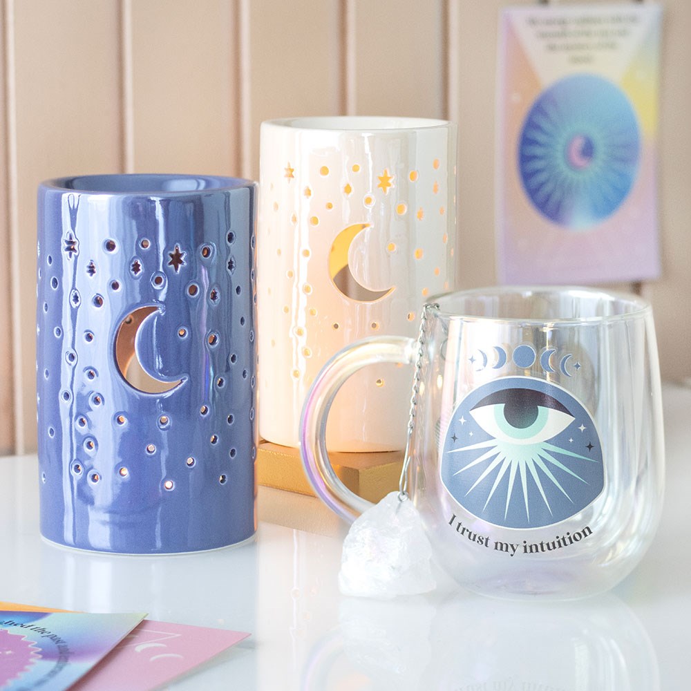 Iridescent White Moon & Stars Oil Burner | Ceramic Wax Melt & Fragrance Warmer - Crystal Nest