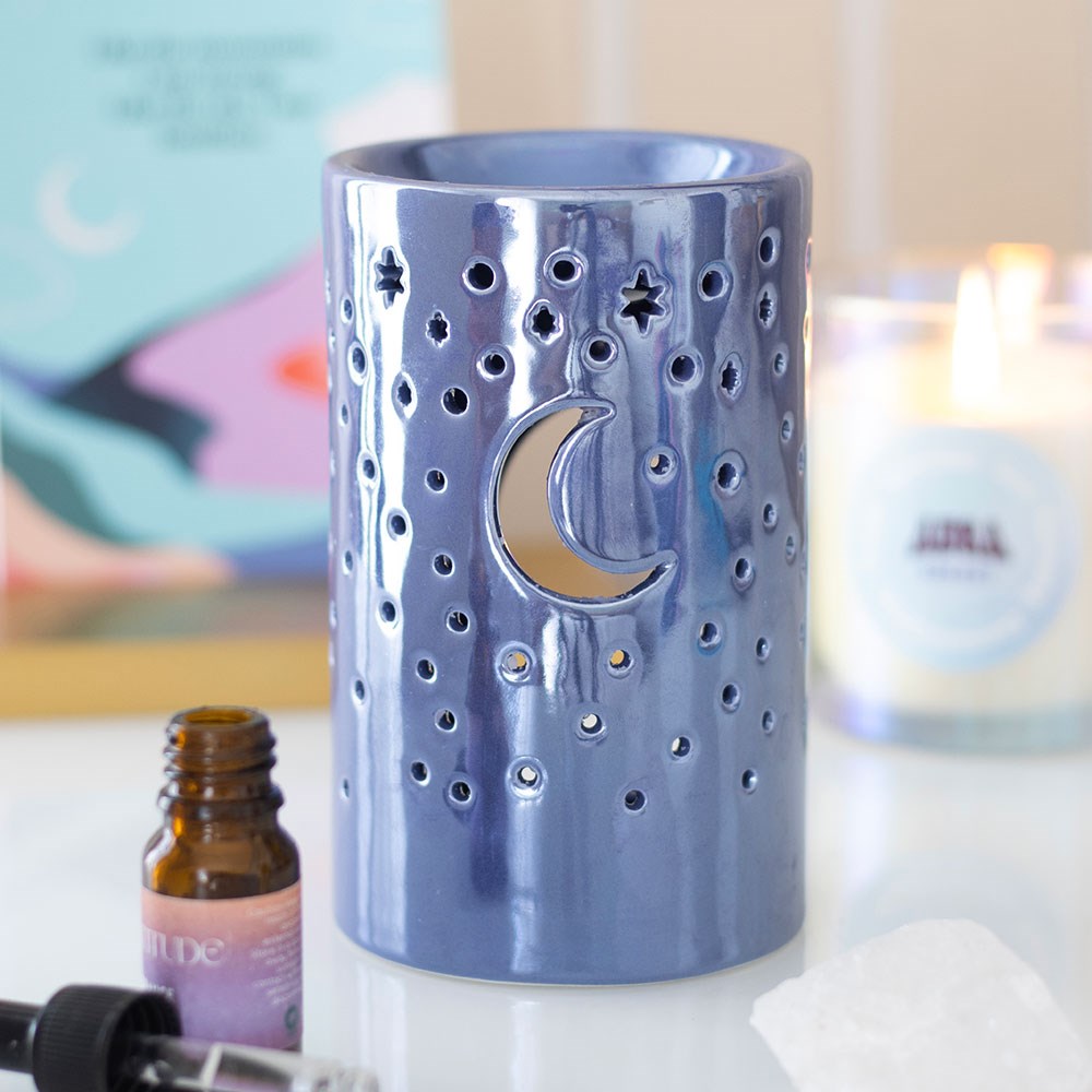 Iridescent Purple Moon & Stars Oil Burner | Ceramic Wax Melt & Fragrance Warmer - Crystal Nest