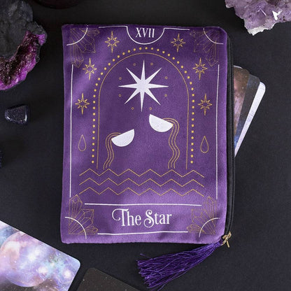 Purple Velvet Zipper Pouch – Star Tarot Card Design - Crystal Nest