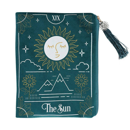 Green Velvet Zipper Pouch – Sun Tarot Card Design - Crystal Nest