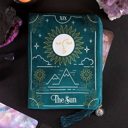 Green Velvet Zipper Pouch – Sun Tarot Card Design - Crystal Nest