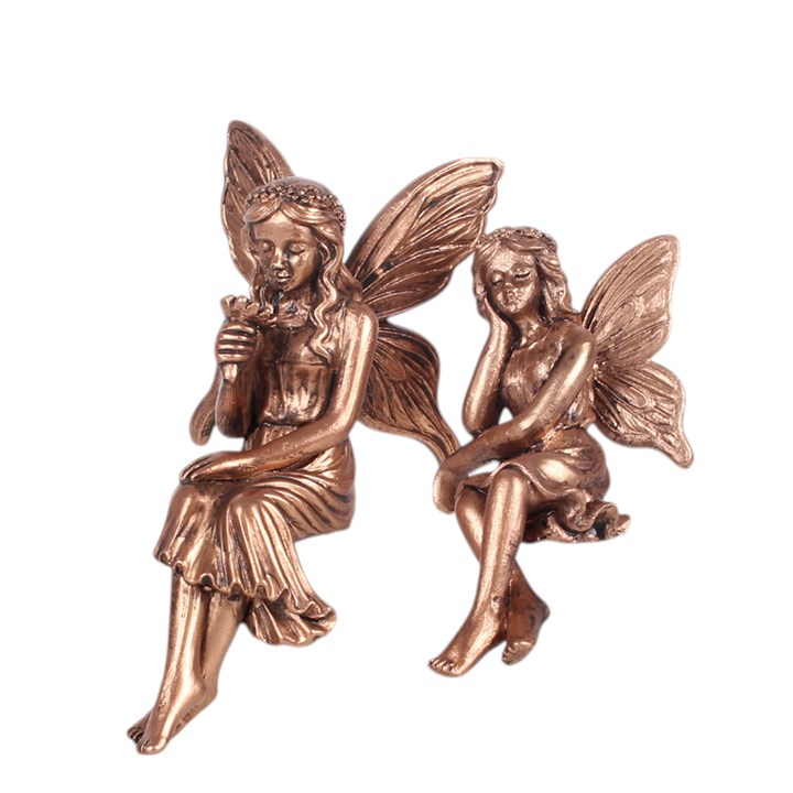 Set of 2 Fairy Shelf Sitter Ornaments | Antique Bronze