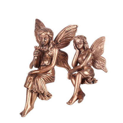 Set of 2 Fairy Shelf Sitter Ornaments | Antique Bronze