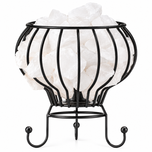 White Himalayan Salt Fire Bowl Lamp | Black Iron - Crystal Nest