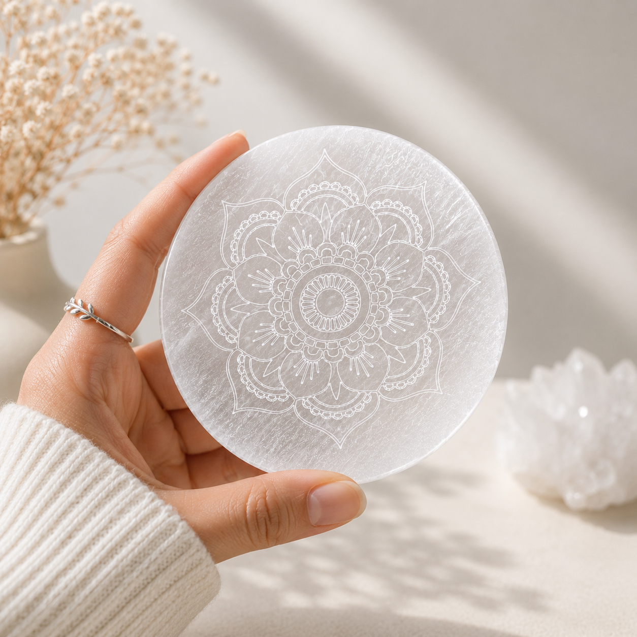 Selenite Flower Mandala Crystal Charging Plate