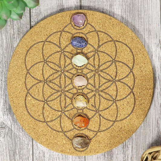 Flower of Life Chakra Crystal Grid Cork Board | Energy Balancing & Healing Grid - Crystal Nest