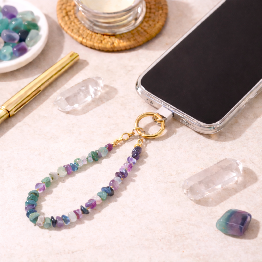 Rainbow Fluorite Crystal Phone & Wrist Charm | Clarity & Focus Energy Strap - Crystal Nest