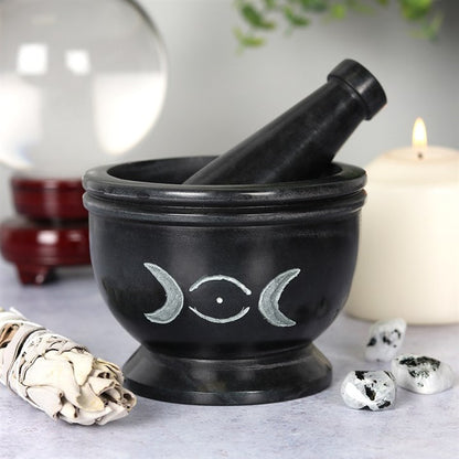 Soapstone Triple Moon Pestle & Mortar | Witch’s Kitchen Ritual Tool - Crystal Nest