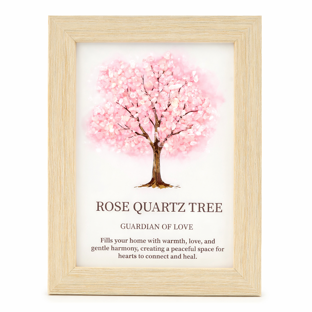 Rose Quartz Tree of Life Gemstone Picture | Framed Crystal Art - Guardian of Love - Crystal Nest