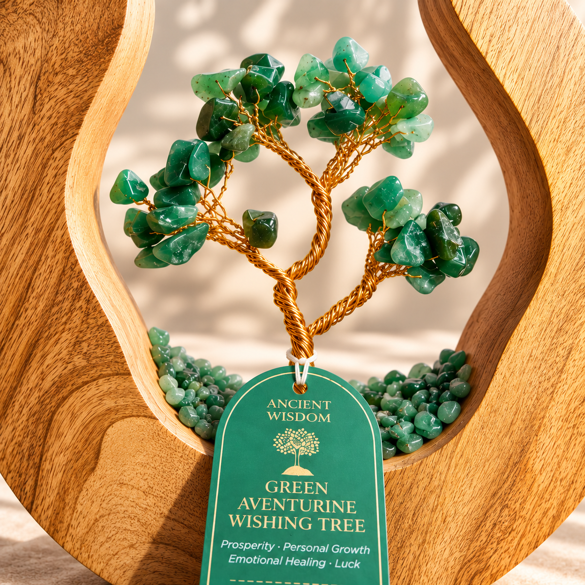 Green Aventurine Wishing Tree in Open Mango Wood | Gemstone Tree Garden - Crystal Nest
