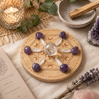 Celestial Crystal Grid Board | Bamboo Moon & Sun Manifestation Grid - Crystal Nest